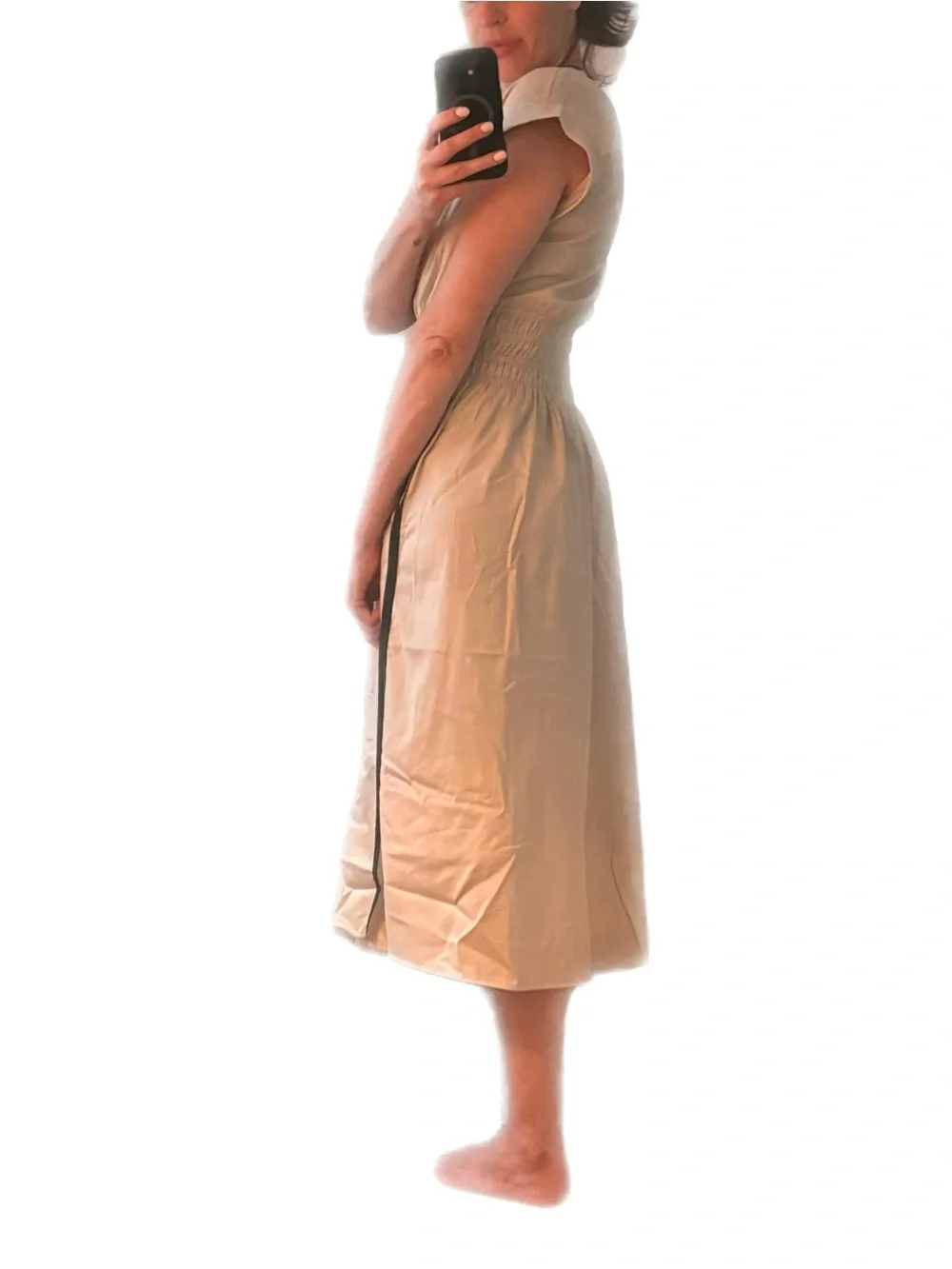 Beige/Cream Smocked Waist Midi Dress with Contrast Trim - Picture 7 of 9